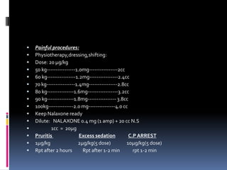 















Painful procedures:
Physiotherapy,dressing,shifting:
Dose: 20 µg/kg
50 kg----------------1.0mg----------------2cc
60 kg----------------1.2mg----------------2.4cc
70 kg----------------1.4mg----------------2.8cc
80 kg---------------1.6mg-----------------3.2cc
90 kg---------------1.8mg---------------- 3.8cc
100kg--------------2.0 mg---------------4.0 cc
Keep Nalaxone ready
Dilute: NALAXONE 0.4 mg (1 amp) + 20 cc N.S
1cc = 20µg
Pruritis
Excess sedation
C.P ARREST
1µg/kg
2µg/kg(5 dose)
10µg/kg(5 dose)
Rpt after 2 hours
Rpt after 1-2 min
rpt 1-2 min

 