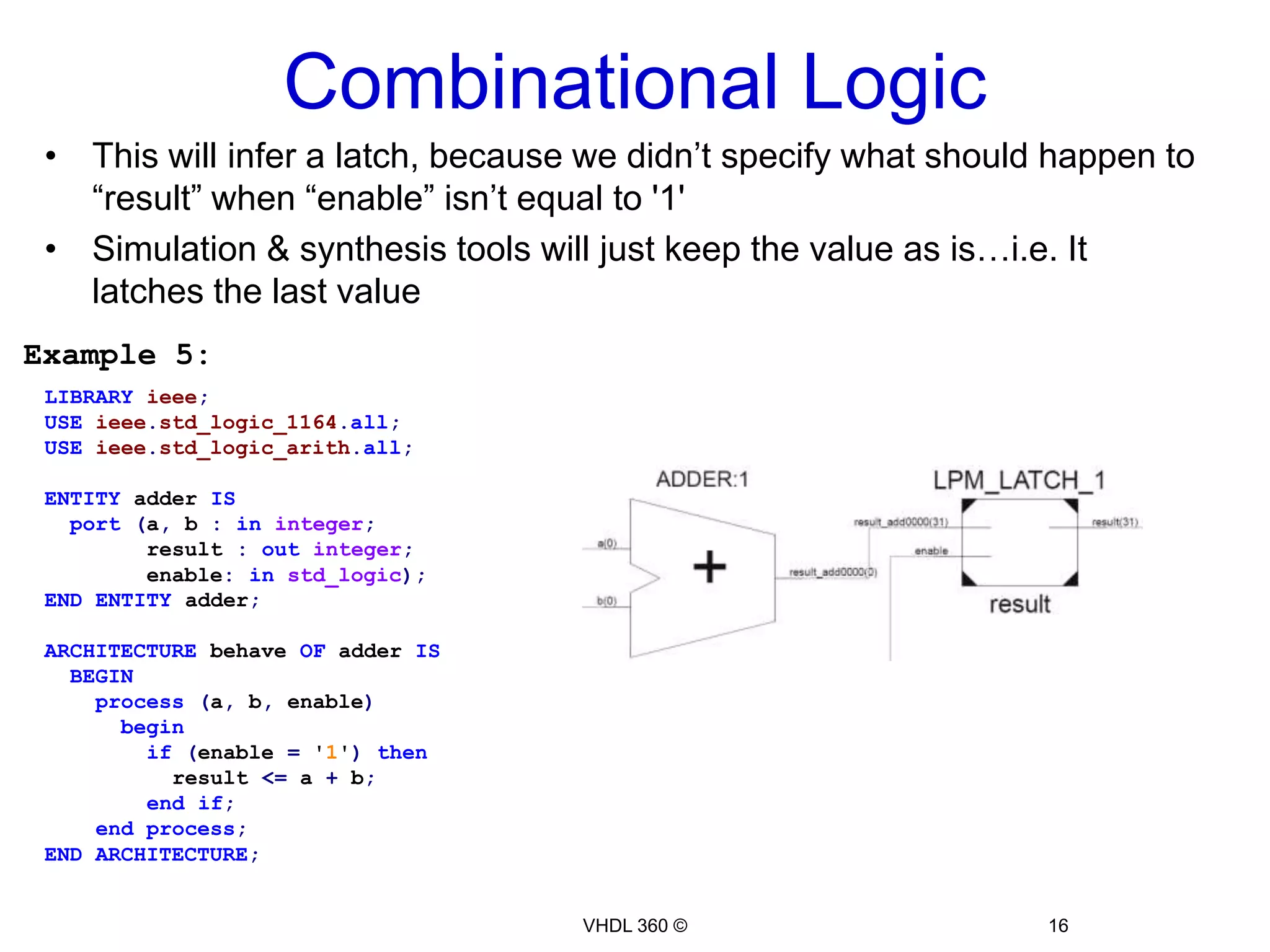 Combinational Logic14VHDL 360 ©Example 4: Adder-SubtractorLIBRARYieee;USEieee.std_logic_1164.all;USEieee.std_logic_arith.all;ENTITYadd_subISport(a, b :ininteger;        result :outinteger;operation:instd_logic);ENDENTITY;ARCHITECTURE behave OFadd_subISBEGINprocess(a, b, operation)beginif(operation = '1')thenresult <= a + b;else          result <= a - b;endif;endprocess;ENDARCHITECTURE;