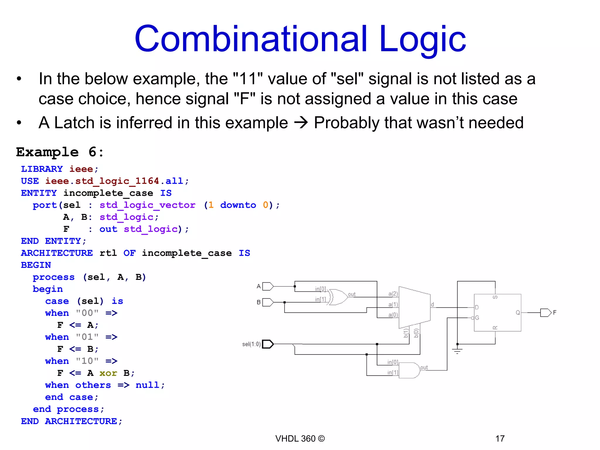 Combinational Logic15VHDL 360 ©Consider that someone tries to re-use that code to implement an adder with an enable  He modifies the add_sub example; removes the else branch & renames the “operation” port to “enable” as shown below, How would these changes affect the logic?Example 5:LIBRARYieee;USEieee.std_logic_1164.all;USEieee.std_logic_arith.all;ENTITY adder ISport(a, b :ininteger;        result :outinteger;enable:instd_logic);ENDENTITY adder;ARCHITECTURE behave OF adder ISBEGINprocess(a, b, enable)beginif(enable = '1')then result <= a + b;endif;endprocess;ENDARCHITECTURE;