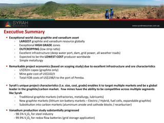 Execu&ve 
Summary 
§ Excep&onal 
world 
class 
graphite 
and 
vanadium 
asset 
-­‐ LARGEST 
graphite 
and 
vanadium 
resource 
globally 
-­‐ Excep8onal 
HIGH 
GRADE 
zones 
-­‐ OUTCROPPING 
(low 
strip 
ra8o) 
-­‐ Excellent 
infrastructure 
(deep 
water 
port, 
dam, 
grid 
power, 
all 
weather 
roads) 
-­‐ 
Expected 
to 
be 
the 
LOWEST 
COST 
producer 
worldwide 
-­‐ 
Simple 
metallurgy 
§ Remarkable 
project 
economics 
(based 
on 
scoping 
study) 
due 
to 
excellent 
infrastructure 
and 
ore 
characteris&cs 
-­‐ US$92m 
capex 
(graphite 
only) 
-­‐ Mine 
gate 
cost 
of 
US$102/t 
-­‐ Total 
FOB 
costs 
of 
US$198/t 
to 
the 
port 
of 
Pemba. 
§ Syrah’s 
unique 
project 
characteris&cs 
(i.e. 
size, 
cost, 
grade) 
enables 
it 
to 
target 
mul&ple 
markets 
and 
be 
a 
global 
leader 
in 
the 
graphite/carbon 
market. 
Few 
mines 
have 
the 
ability 
to 
be 
compe&&ve 
across 
mul&ple 
segments 
like 
Syrah 
-­‐ 
Tradi8onal 
graphite 
markets 
(refractories, 
metallurgy, 
lubricants) 
-­‐ New 
graphite 
markets 
(lithium 
ion 
baQery 
markets 
– 
Electric 
/ 
Hybrid, 
fuel 
cells, 
expandable 
graphite) 
-­‐ Subs8tu8on 
into 
carbon 
markets 
(aluminium 
anode 
and 
cathode 
blocks 
/ 
recarburiser) 
§ Vanadium 
produc&on 
study 
substan&ally 
progressed 
-­‐ 
98.5% 
V2O5 
for 
steel 
industry 
-­‐ 
99.9% 
V2O5 
for 
redox 
flow 
baQeries 
(grid 
storage 
applica8on) 
1 
 