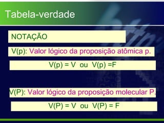 NOTAÇÃO
V(p): Valor lógico da proposição atômica p.
V(p) = V ou V(p) =F
V(P): Valor lógico da proposição molecular P.
V(P) = V ou V(P) = F
Tabela-verdade
 