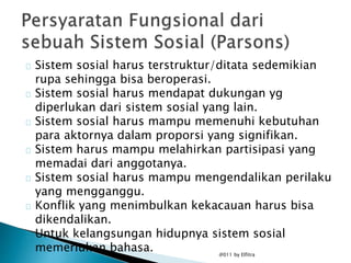 Sistem sosial harus terstruktur/ditata sedemikian
rupa sehingga bisa beroperasi.
Sistem sosial harus mendapat dukungan yg
...