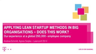 Applying Lean Startup methods in big 
organisations – does this work? 
Our experience at a global 260,000 - employee company 
Andrea Schmitt, Agnes Szejka – Leanconf 2014 
 
