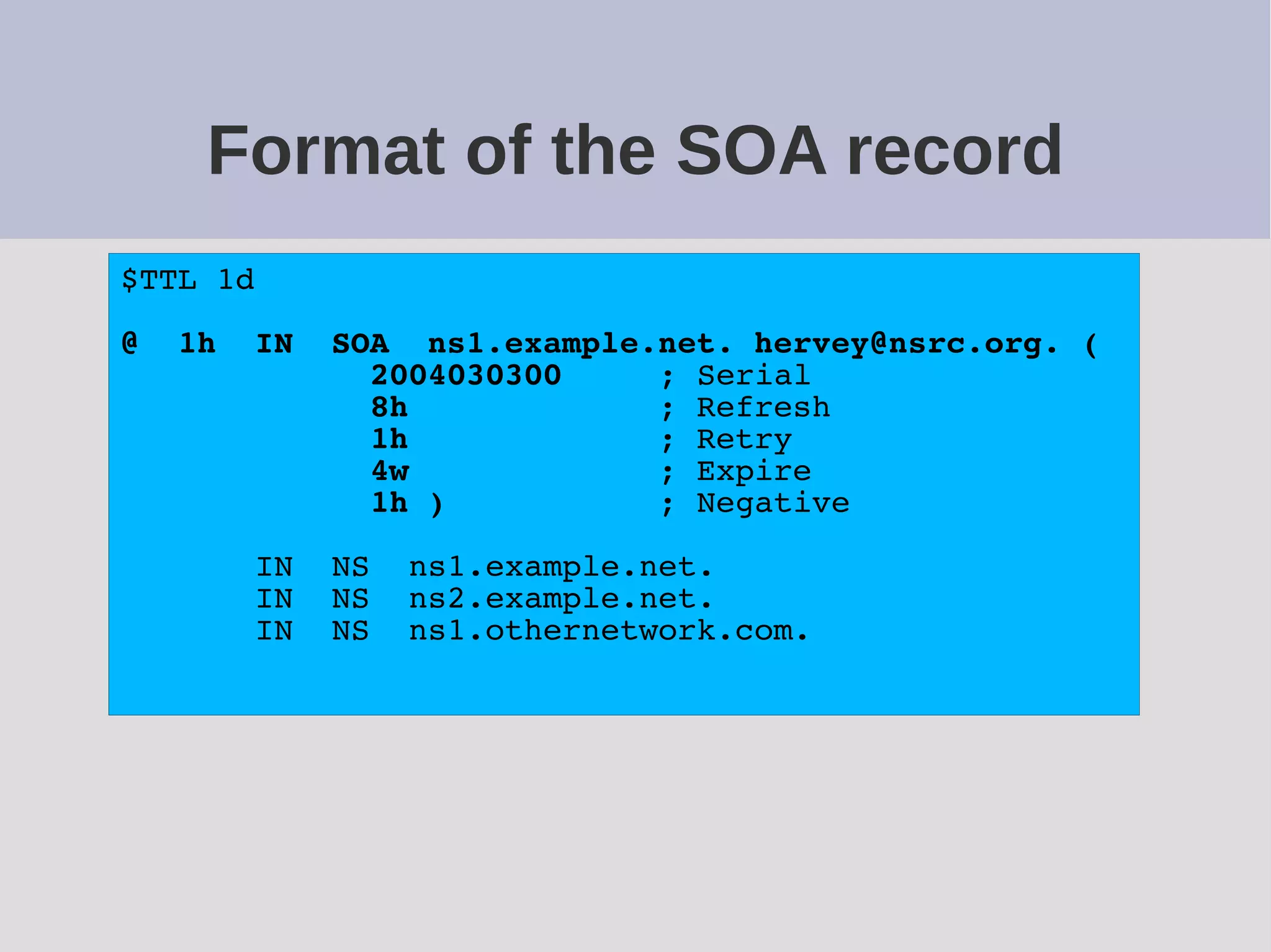 Format of the SOA record
$TTL 1d
@ 1h IN SOA ns1.example.net. hervey@nsrc.org. (
2004030300 ; Serial
8h ; Refresh
1h ; Retry
4w ; Expire
1h ) ; Negative
IN NS ns1.example.net.
IN NS ns2.example.net.
IN NS ns1.othernetwork.com.
 