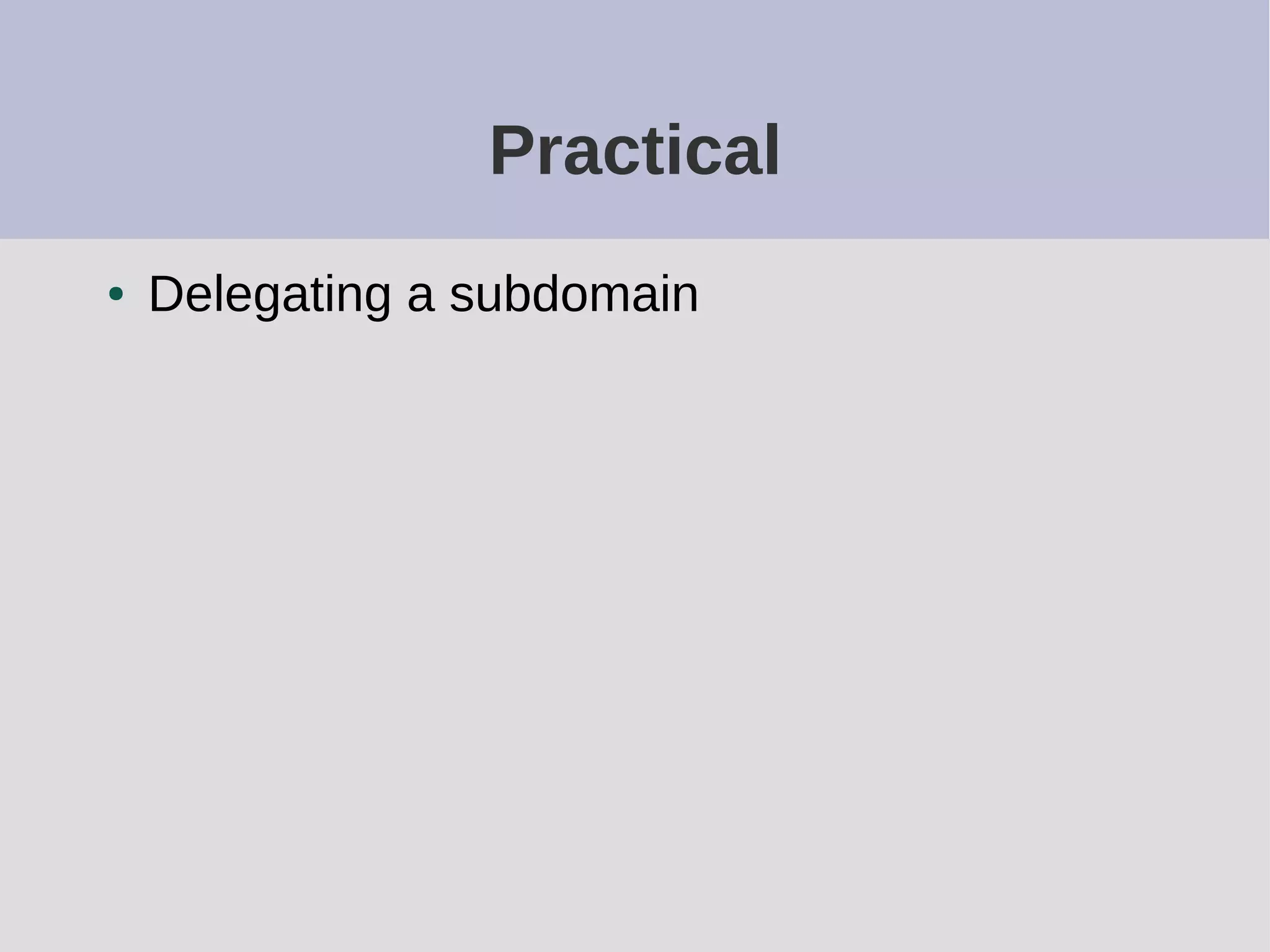 Practical
● Delegating a subdomain
 