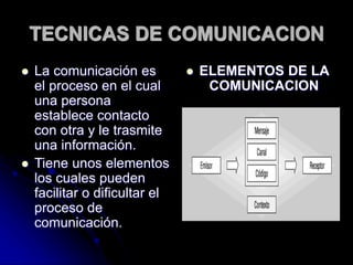 TECNICAS DE COMUNICACION
 La comunicación es
el proceso en el cual
una persona
establece contacto
con otra y le trasmite
una información.
 Tiene unos elementos
los cuales pueden
facilitar o dificultar el
proceso de
comunicación.
 ELEMENTOS DE LA
COMUNICACION
 