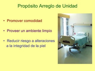 Propósito Arreglo de Unidad Promover comodidad Proveer un ambiente limpio Reducir riesgo a alteraciones  a la integridad de la piel 