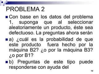 PROBLEMA 2
 Con  base en los datos del problema
  1, suponga que al seleccionar
  aleatoriamente un producto, éste sea
  defectuoso. La preguntas ahora serán
 a) ¿cuál es la probabilidad de que
  este producto fuera hecho por la
  máquina B2? ¿o por la máquina B3?
  ¿o por B1?
 b) Preguntas de este tipo puede
  responderse con ayuda del
                                     12
 