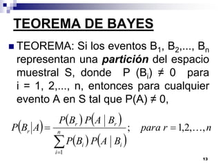 TEOREMA DE BAYES
 TEOREMA:     Si los eventos B1, B2,..., Bn
 representan una partición del espacio
 muestral S, donde P (Bi) ≠ 0 para
 i = 1, 2,..., n, entonces para cualquier
 evento A en S tal que P(A) ≠ 0,
             PBr  PA Br 
PBr A                            ;   para r  1,2,, n
             P B  P  A   Bi 
             n

                   i
            i 1
                                                      13
 