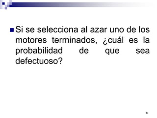  Sise selecciona al azar uno de los
 motores terminados, ¿cuál es la
 probabilidad    de     que     sea
 defectuoso?




                                  3
 