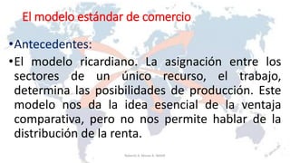 El modelo estándar de comercio
•Antecedentes:
•El modelo ricardiano. La asignación entre los
sectores de un único recurso, el trabajo,
determina las posibilidades de producción. Este
modelo nos da la idea esencial de la ventaja
comparativa, pero no nos permite hablar de la
distribución de la renta.
12Roberto A. Moran A.-MADE
 