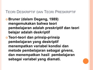 TEORI DESKRIPTIF DAN TEORI PRESKRIPTIF 
 Bruner (dalam Degeng, 1989) 
mengemukakan bahwa teori 
pembelajaran adalah presk...