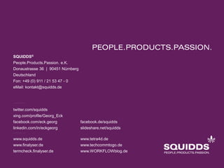 SQUIDDS® 
People.Products.Passion. e.K. 
Donaustrasse 36 | 90451 Nürnberg 
Deutschland 
Fon: +49 (0) 911 / 21 53 47 - 0 
eMail: kontakt@squidds.de 
twitter.com/squidds 
xing.com/profile/Georg_Eck 
facebook.com/eck.georg facebook.de/squidds 
linkedin.com/in/eckgeorg slideshare.net/squidds 
www.squidds.de www.tetra4d.de 
www.finalyser.de www.techcommtogo.de 
termcheck.finalyser.de www.WORKFLOWblog.de 
