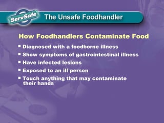  Diagnosed with a foodborne illness
 Show symptoms of gastrointestinal illness
 Have infected lesions
 Exposed to an ill person
 Touch anything that may contaminate
their hands
How Foodhandlers Contaminate Food
 
