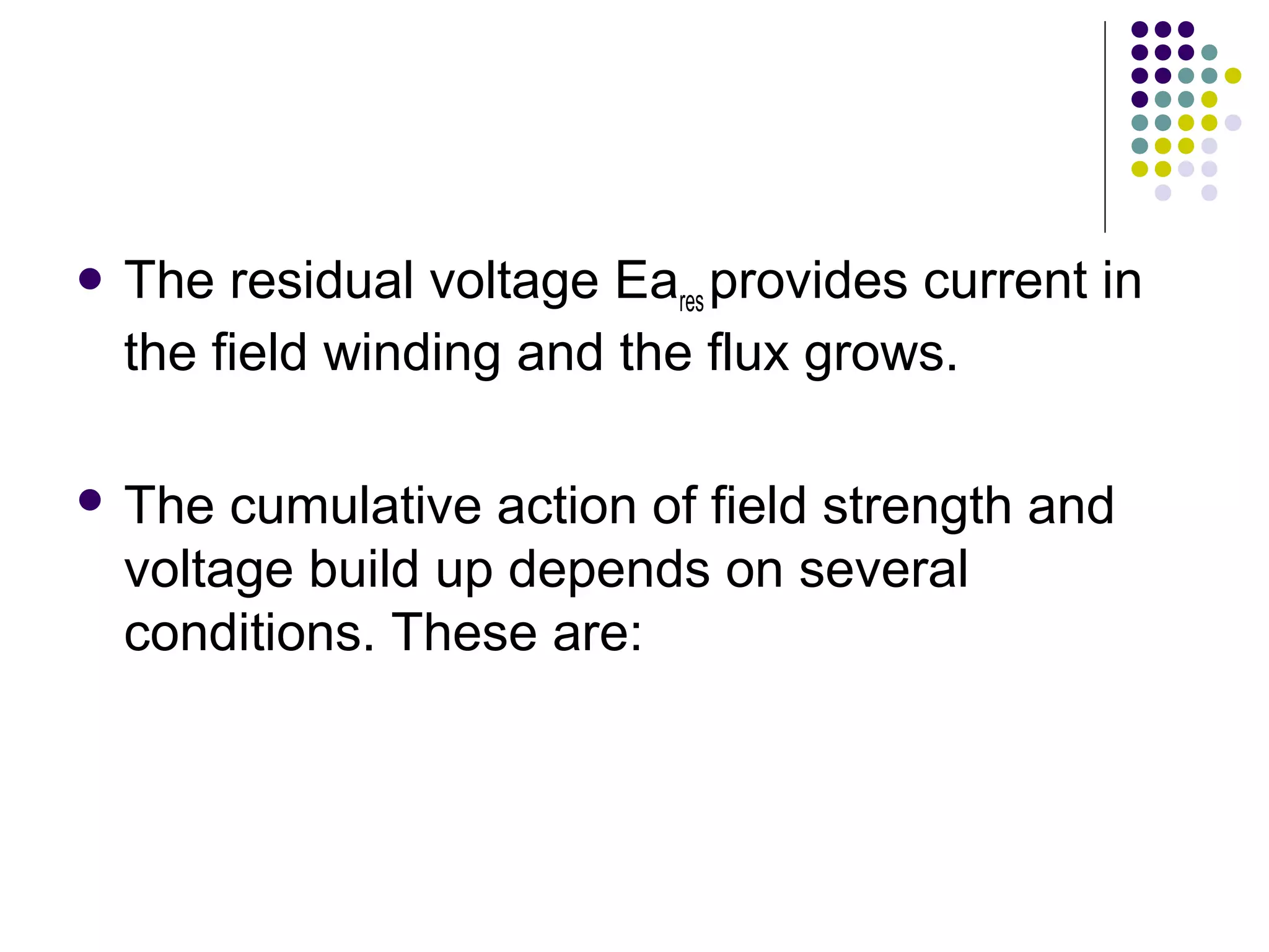  The residual voltage Eares provides current in 
the field winding and the flux grows. 
 The cumulative action of field strength and 
voltage build up depends on several 
conditions. These are: 
 