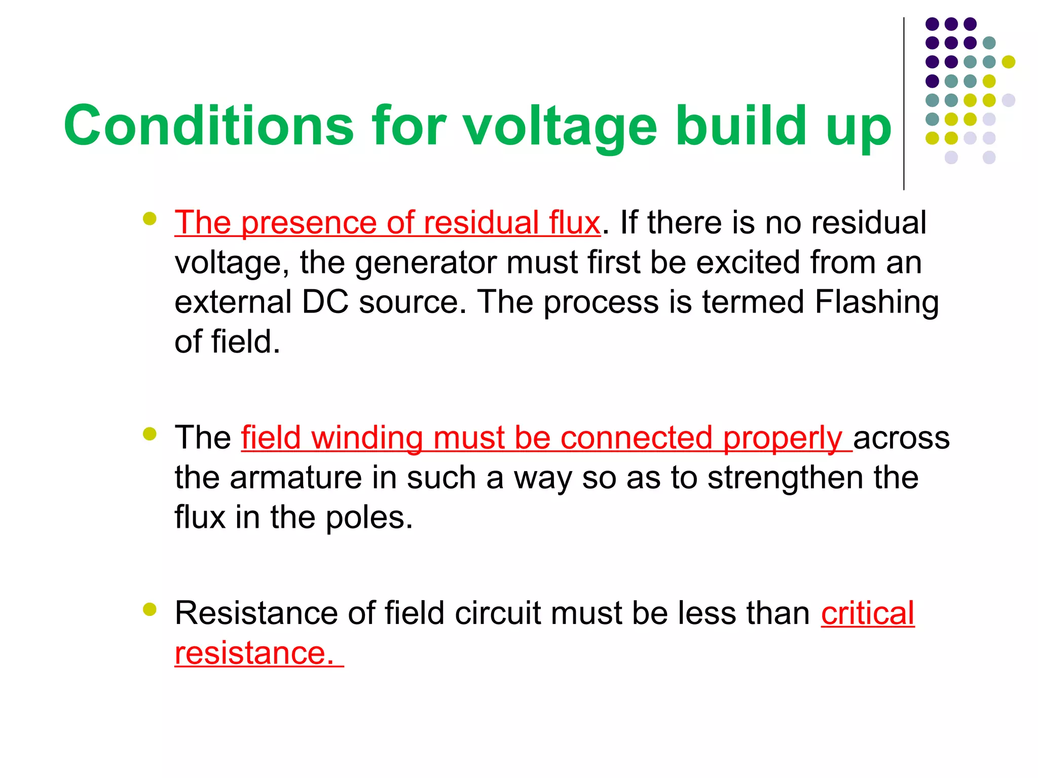 Conditions for voltage build up 
 The presence of residual flux. If there is no residual 
voltage, the generator must first be excited from an 
external DC source. The process is termed Flashing 
of field. 
 The field winding must be connected properly across 
the armature in such a way so as to strengthen the 
flux in the poles. 
 Resistance of field circuit must be less than critical 
resistance. 
 