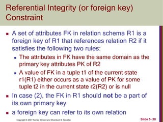 Referential Integrity (or foreign key)
Constraint
Slide 5- 30
Copyright © 2007 Ramez Elmasri and Shamkant B. Navathe
 A set of attributes FK in relation schema R1 is a
foreign key of R1 that references relation R2 if it
satisfies the following two rules:
 The attributes in FK have the same domain as the
primary key attributes PK of R2
 A value of FK in a tuple t1 of the current state
r1(R1) either occurs as a value of PK for some
tuple t2 in the current state r2(R2) or is null
 In case (2), the FK in R1 should not be a part of
its own primary key
 a foreign key can refer to its own relation
 
