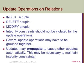 Update Operations on Relations
Slide 5- 36
Copyright © 2007 Ramez Elmasri and Shamkant B. Navathe
 INSERT a tuple.
 DELETE a tuple.
 MODIFY a tuple.
 Integrity constraints should not be violated by the
update operations.
 Several update operations may have to be
grouped together.
 Updates may propagate to cause other updates
automatically. This may be necessary to maintain
integrity constraints.
 