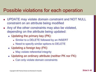 Possible violations for each operation
Slide 5- 40
Copyright © 2007 Ramez Elmasri and Shamkant B. Navathe
 UPDATE may violate domain constraint and NOT NULL
constraint on an attribute being modified
 Any of the other constraints may also be violated,
depending on the attribute being updated:
 Updating the primary key (PK):
 Similar to a DELETE followed by an INSERT
 Need to specify similar options to DELETE
 Updating a foreign key (FK):
 May violate referential integrity
 Updating an ordinary attribute (neither PK nor FK):
 Can only violate domain constraints
 