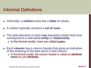 Informal Definitions
Slide 5- 5
Copyright © 2007 Ramez Elmasri and Shamkant B. Navathe
 Informally, a relation looks like a table of values.
 A relation typically contains a set of rows.
 The data elements in each row represent certain facts that
correspond to a real-world entity or relationship
 In the formal model, rows are called tuples
 Each column has a column header that gives an indication
of the meaning of the data items in that column
 In the formal model, the column header is called an attribute
name (or just attribute)
 