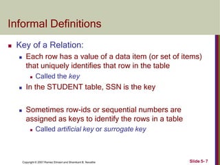Informal Definitions
Slide 5- 7
Copyright © 2007 Ramez Elmasri and Shamkant B. Navathe
 Key of a Relation:
 Each row has a value of a data item (or set of items)
that uniquely identifies that row in the table
 Called the key
 In the STUDENT table, SSN is the key
 Sometimes row-ids or sequential numbers are
assigned as keys to identify the rows in a table
 Called artificial key or surrogate key
 