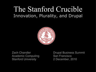 The Stanford Crucible Innovation, Plurality, and Drupal Drupal Business Summit San Francisco 2 December, 2010 Zach Chandler Academic Computing  Stanford University 