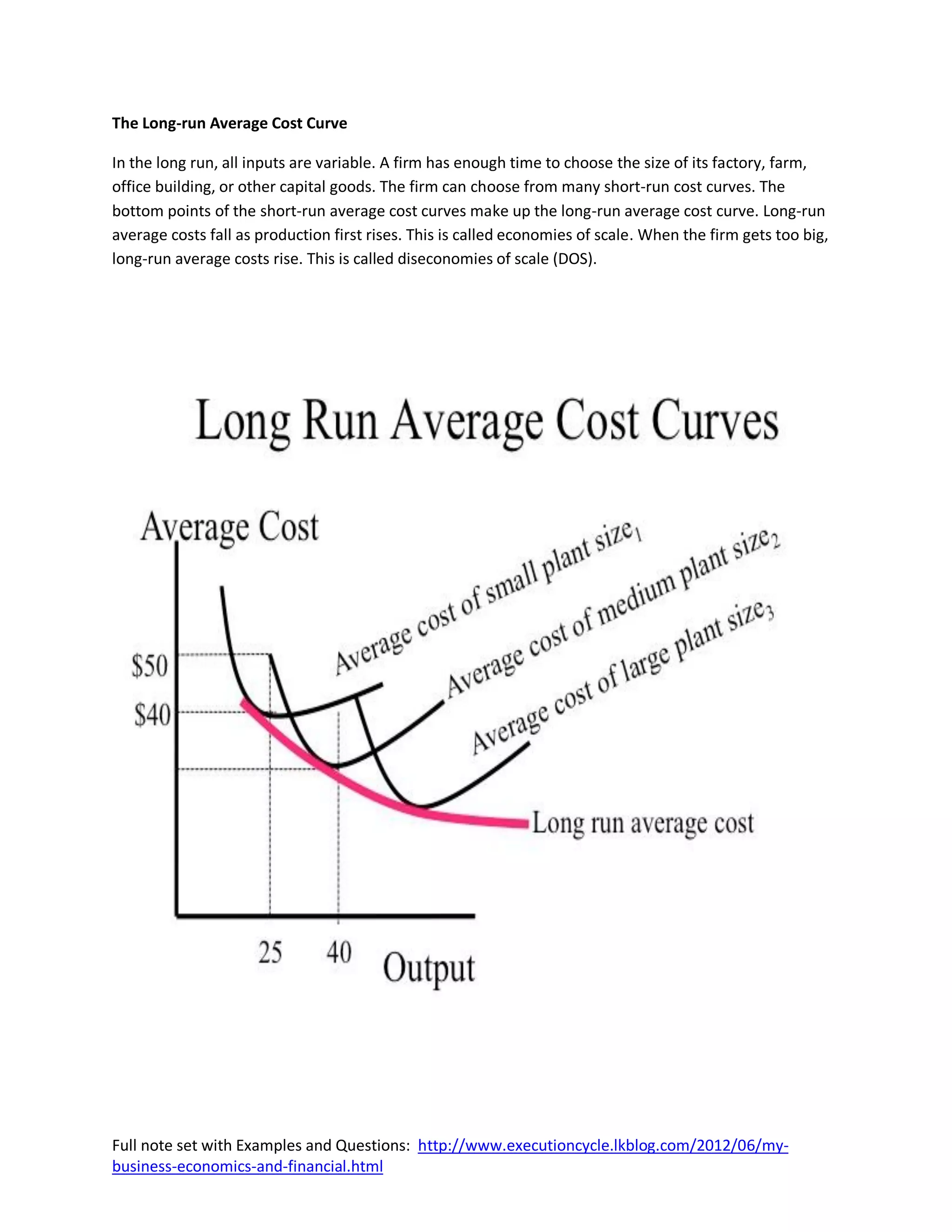 The Long-run Average Cost Curve

In the long run, all inputs are variable. A firm has enough time to choose the size of its factory, farm,
office building, or other capital goods. The firm can choose from many short-run cost curves. The
bottom points of the short-run average cost curves make up the long-run average cost curve. Long-run
average costs fall as production first rises. This is called economies of scale. When the firm gets too big,
long-run average costs rise. This is called diseconomies of scale (DOS).




Full note set with Examples and Questions: http://www.executioncycle.lkblog.com/2012/06/my-
business-economics-and-financial.html
 