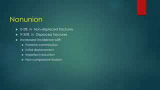 Nonunion
 0-5% in Non-displaced fractures
 9-35% in Displaced fractures
 Increased incidence with
 Posterior comminution
 Initial displacement
 Imperfect reduction
 Non-compressive fixation
 