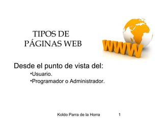Koldo Parra de la Horra 1
TIPOS DE
PÁGINAS WEB
Desde el punto de vista del:
•Usuario.
•Programador o Administrador.
 