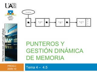 http://www.eps.uam.es/~phaya
PROG-I
2009-10
PUNTEROS Y
GESTIÓN DINÁMICA
DE MEMORIA
Tema 4 – 4.5
N
U
L
L
'P' 'H' 'C'
lista
 
