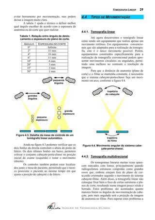 TOMOGRAFIA LINEAR      29

evitar borramento por movimentação, mas podem           4.4    TIPOS DE MOVIMENTAÇÃO
deixar a imagem muito clara.
        A tabela 1 ajuda o técnico a definir melhor
qual ângulo escolher de acordo com a espessura da
anatomia ou do corte que quer realizar.
                                                        4.4.1. Tomografia linear
    Tabela 1. Relação entre ângulo de deslo-
    camento e espessura do plano de corte.
                                                                Até agora descrevemos o tomógrafo linear
                                                        como sendo um equipamento que realiza apenas um
        ÂNGULO       ESPESSURA DO CORTE                 movimento retilíneo. Em equipamentos convencio-
            0o             Infinita                     nais que são adaptados para a realização da tomogra-
            2o             31 mm                        fia, este é o único movimento possível. Porém,
            4o             16 mm                        equipamentos construídos especificamente para a
            6o             11 mm                        realização da tomografia convencional podem apre-
           10o              6 mm                        sentar movimentos circulares ou angulados, permi-
           20o              3 mm                        tindo uma melhora no contraste e resolução da
           35o              2 mm                        imagem.
           50o              1 mm                                Para que a distância da anatomia (plano de
                                                        corte) e o filme se mantenha constante, é necessário
                                                        que o sistema cabeçote-porta-chassi faça um movi-
                                 pequenos               mento em arco, conforme a figura 4.4.
                                  ângulos


                                                                             trajetória
                                                                            do cabeçote
           grandes
           ângulos




                                          grande
                                         espessura
                   pequena
                  espessura




 Figura 4.3. Detalhe da mesa de controle de um
          tomógrafo linear automático.                                       trajetória
                                                                              do filme
         Ainda na figura 4.3 podemos verificar que os   Figura 4.4. Movimento angular do sistema cabe-
dois botões da direita controlam a altura do ponto de                  çote-porta-chassi.
fulcro. Os dois últimos botões em baixo, permitem
colocar o conjunto cabeçote-porta-chassi na posição
inicial do exame (esquerda) e testar o movimento        4.4.2. Tomografia multidirecional
(direita).                                                       Os tomogramas lineares muitas vezes apare-
         Os controles também podem estar localiza-      cem marcados com listras, principalmente quando
dos junto a mesa do paciente, permitindo que o técni-   radiografamos estruturas compridas como grandes
co posicione o paciente ao mesmo tempo em que           ossos que, embora estejam fora do plano de cor-
ajusta a posição do cabeçote e do fulcro.               te,estão orientados segundo o movimento do sistema
                                                        cabeçote-filme. Além disso, a tomografia linear não
                                                        consegue fixar bem o foco de certas estruturas e pla-
                                                        nos de corte, resultando numa imagem pouco nítida e
                                                        borrada. Estes problemas são acentuados quanto
                                                        maiores forem os ângulos de movimentação do cabe-
                                                        çote, pois mais angulada será a projeção da imagem
                                                        da anatomia no filme. Para superar estes problemas a


                                         Núcleo de Tecnologia Clínica
 