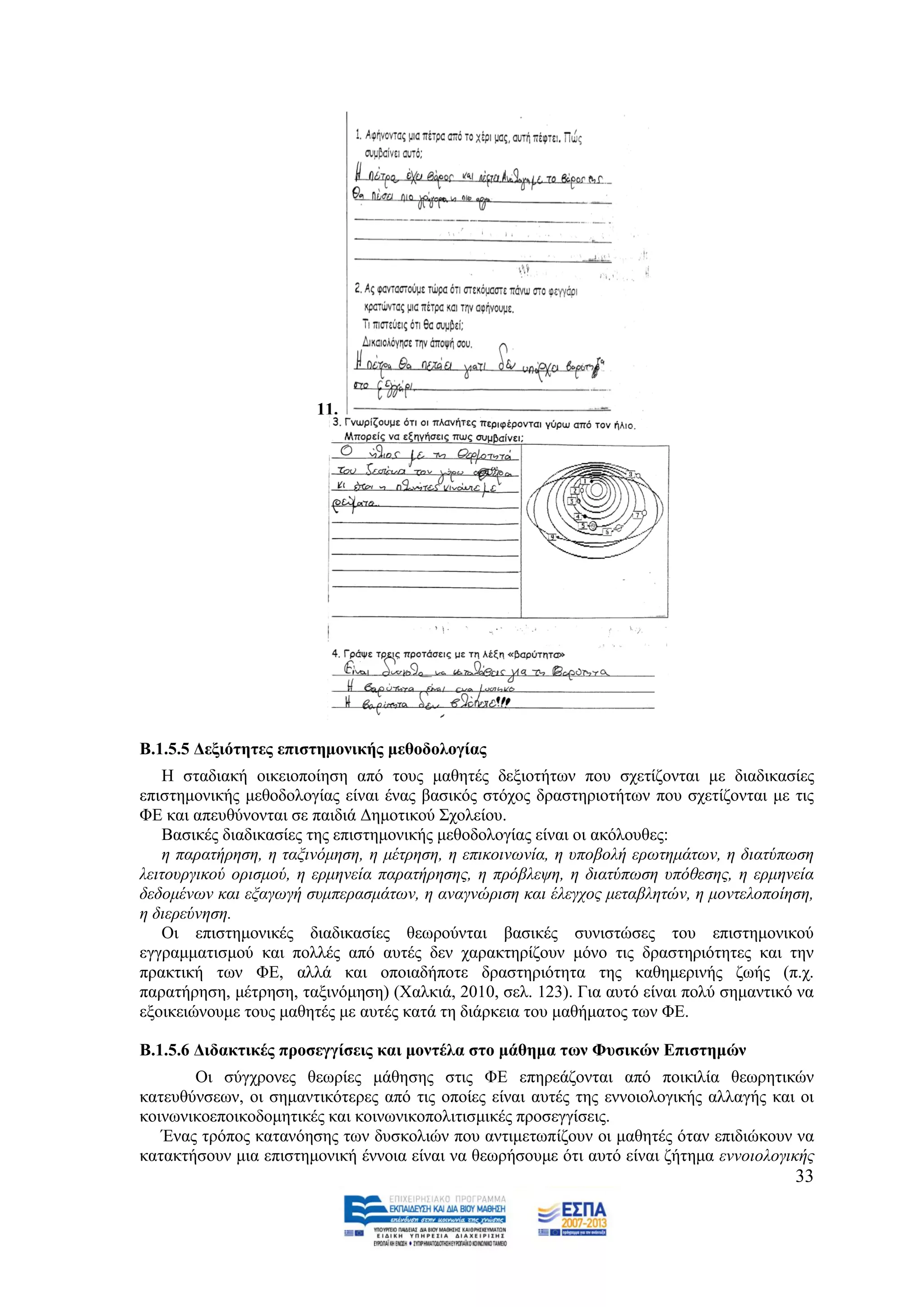 11.




Β.1.5.5 Γεμηόηεηεο επηζηεκνληθήο κεζνδνινγίαο
   Ζ ζηαδηαθή νηθεηνπνίεζε απφ ηνπο καζεηέο δεμηνηήησλ πνπ ζρεηίδνληαη κε δηαδηθαζίεο
επηζηεκνληθήο κεζνδνινγίαο είλαη έλαο βαζηθφο ζηφρνο δξαζηεξηνηήησλ πνπ ζρεηίδνληαη κε ηηο
ΦΔ θαη απεπζχλνληαη ζε παηδηά Γεκνηηθνχ ΢ρνιείνπ.
   Βαζηθέο δηαδηθαζίεο ηεο επηζηεκνληθήο κεζνδνινγίαο είλαη νη αθφινπζεο:
   ε παξαηήξεζε, ε ηαμηλφκεζε, ε κέηξεζε, ε επηθνηλσλία, ε ππνβνιή εξσηεκάησλ, ε δηαηχπσζε
ιεηηνπξγηθνχ νξηζκνχ, ε εξκελεία παξαηήξεζεο, ε πξφβιεςε, ε δηαηχπσζε ππφζεζεο, ε εξκελεία
δεδνκέλσλ θαη εμαγσγή ζπκπεξαζκάησλ, ε αλαγλψξηζε θαη έιεγρνο κεηαβιεηψλ, ε κνληεινπνίεζε,
ε δηεξεχλεζε.
   Οη επηζηεκνληθέο δηαδηθαζίεο ζεσξνχληαη βαζηθέο ζπληζηψζεο ηνπ επηζηεκνληθνχ
εγγξακκαηηζκνχ θαη πνιιέο απφ απηέο δελ ραξαθηεξίδνπλ κφλν ηηο δξαζηεξηφηεηεο θαη ηελ
πξαθηηθή ησλ ΦΔ, αιιά θαη νπνηαδήπνηε δξαζηεξηφηεηα ηεο θαζεκεξηλήο δσήο (π.ρ.
παξαηήξεζε, κέηξεζε, ηαμηλφκεζε) (Υαιθηά, 2010, ζει. 123). Γηα απηφ είλαη πνιχ ζεκαληηθφ λα
εμνηθεηψλνπκε ηνπο καζεηέο κε απηέο θαηά ηε δηάξθεηα ηνπ καζήκαηνο ησλ ΦΔ.

Β.1.5.6 Γηδαθηηθέο πξνζεγγίζεηο θαη κνληέια ζην κάζεκα ησλ Φπζηθώλ Δπηζηεκώλ
       Οη ζχγρξνλεο ζεσξίεο κάζεζεο ζηηο ΦΔ επεξεάδνληαη απφ πνηθηιία ζεσξεηηθψλ
θαηεπζχλζεσλ, νη ζεκαληηθφηεξεο απφ ηηο νπνίεο είλαη απηέο ηεο ελλνηνινγηθήο αιιαγήο θαη νη
θνηλσληθνεπνηθνδνκεηηθέο θαη θνηλσληθνπνιηηηζκηθέο πξνζεγγίζεηο.
   Έλαο ηξφπνο θαηαλφεζεο ησλ δπζθνιηψλ πνπ αληηκεησπίδνπλ νη καζεηέο φηαλ επηδηψθνπλ λα
θαηαθηήζνπλ κηα επηζηεκνληθή έλλνηα είλαη λα ζεσξήζνπκε φηη απηφ είλαη δήηεκα ελλνηνινγηθήο
                                                                                        33
 