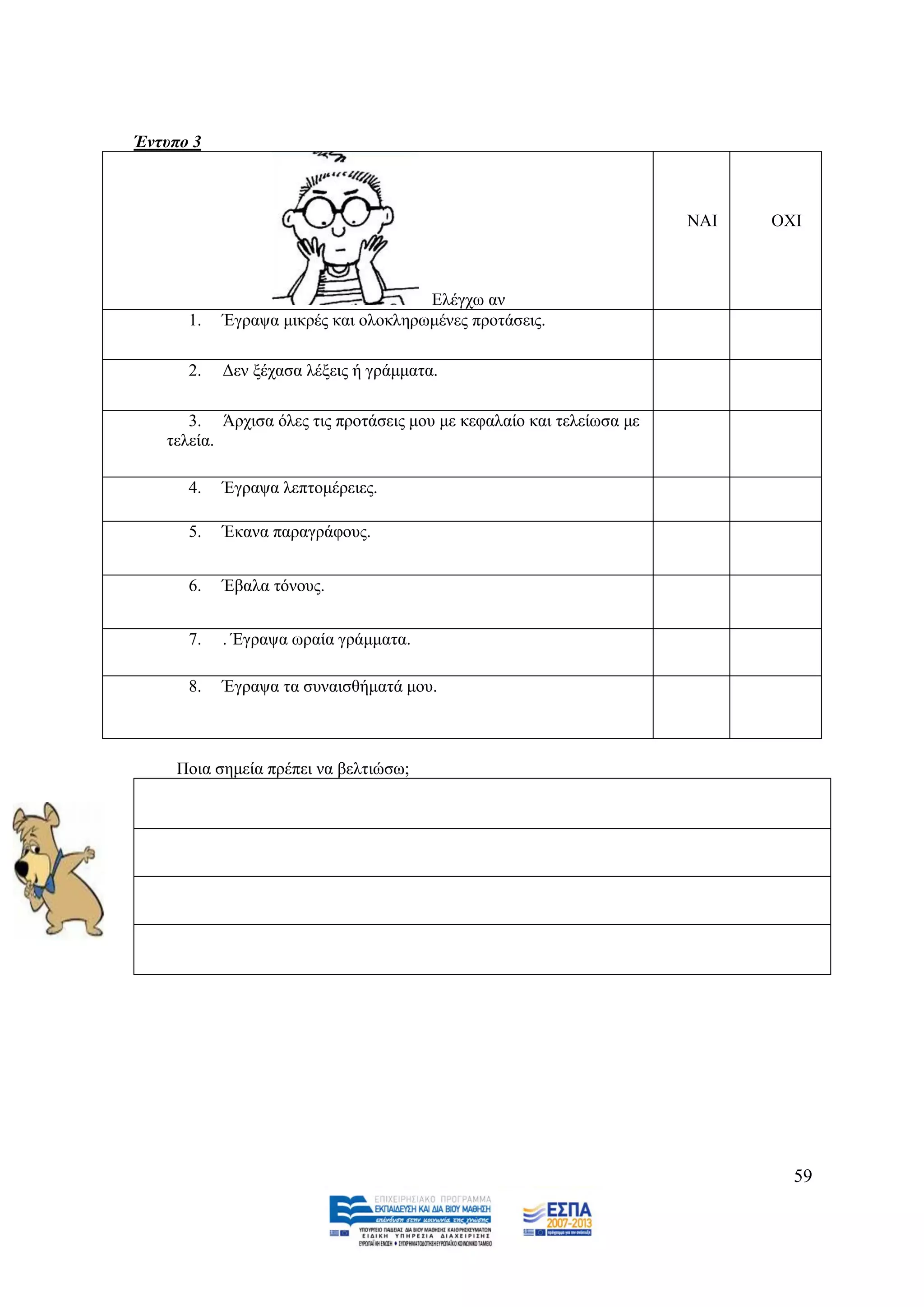 Έληππν 3



                                                                     ΝΑΗ   ΟΥΗ



                                     Διέγρσ αλ
      1.   Έγξαςα κηθξέο θαη νινθιεξσκέλεο πξνηάζεηο.

      2.   Γελ μέραζα ιέμεηο ή γξάκκαηα.

      3. Άξρηζα φιεο ηηο πξνηάζεηο κνπ κε θεθαιαίν θαη ηειείσζα κε
   ηειεία.

      4.   Έγξαςα ιεπηνκέξεηεο.

      5.   Έθαλα παξαγξάθνπο.


      6.   Έβαια ηφλνπο.


      7.   . Έγξαςα σξαία γξάκκαηα.

      8.   Έγξαςα ηα ζπλαηζζήκαηά κνπ.



     Πνηα ζεκεία πξέπεη λα βειηηψζσ;




                                                                             59
 