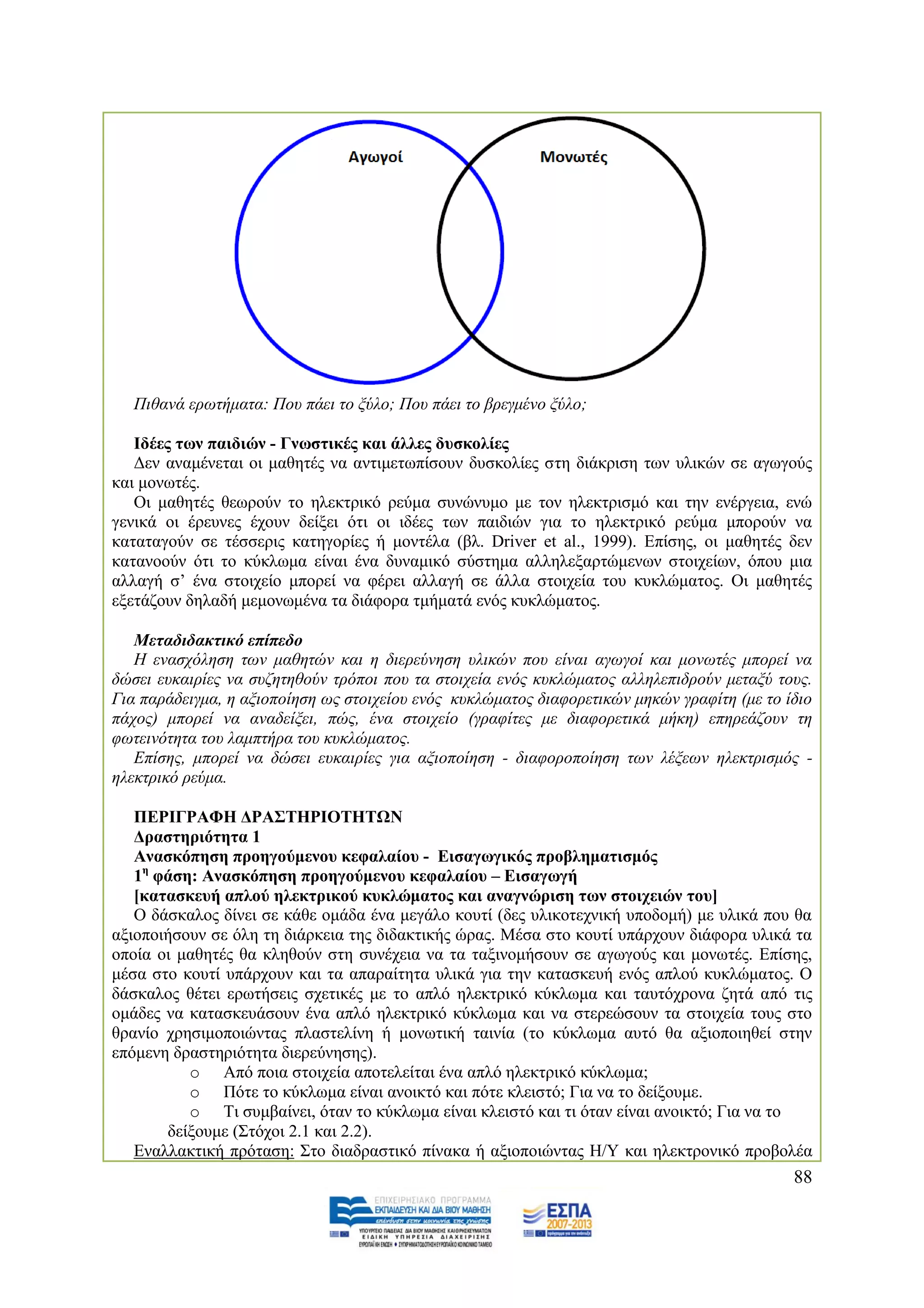 Πηζαλά εξσηήκαηα: Πνπ πάεη ην μχιν; Πνπ πάεη ην βξεγκέλν μχιν;

   Ιδέεο ησλ παηδηώλ - Γλσζηηθέο θαη άιιεο δπζθνιίεο
   Γελ αλακέλεηαη νη καζεηέο λα αληηκεησπίζνπλ δπζθνιίεο ζηε δηάθξηζε ησλ πιηθψλ ζε αγσγνχο
θαη κνλσηέο.
   Οη καζεηέο ζεσξνχλ ην ειεθηξηθφ ξεχκα ζπλψλπκν κε ηνλ ειεθηξηζκφ θαη ηελ ελέξγεηα, ελψ
γεληθά νη έξεπλεο έρνπλ δείμεη φηη νη ηδέεο ησλ παηδηψλ γηα ην ειεθηξηθφ ξεχκα κπνξνχλ λα
θαηαηαγνχλ ζε ηέζζεξηο θαηεγνξίεο ή κνληέια (βι. Driver et al., 1999). Δπίζεο, νη καζεηέο δελ
θαηαλννχλ φηη ην θχθισκα είλαη έλα δπλακηθφ ζχζηεκα αιιειεμαξηψκελσλ ζηνηρείσλ, φπνπ κηα
αιιαγή ζ’ έλα ζηνηρείν κπνξεί λα θέξεη αιιαγή ζε άιια ζηνηρεία ηνπ θπθιψκαηνο. Οη καζεηέο
εμεηάδνπλ δειαδή κεκνλσκέλα ηα δηάθνξα ηκήκαηά ελφο θπθιψκαηνο.

   Μεηαδηδαθηηθό επίπεδν
   Ζ ελαζρφιεζε ησλ καζεηψλ θαη ε δηεξεχλεζε πιηθψλ πνπ είλαη αγσγνί θαη κνλσηέο κπνξεί λα
δψζεη επθαηξίεο λα ζπδεηεζνχλ ηξφπνη πνπ ηα ζηνηρεία ελφο θπθιψκαηνο αιιειεπηδξνχλ κεηαμχ ηνπο.
Γηα παξάδεηγκα, ε αμηνπνίεζε σο ζηνηρείνπ ελφο θπθιψκαηνο δηαθνξεηηθψλ κεθψλ γξαθίηε (κε ην ίδην
πάρνο) κπνξεί λα αλαδείμεη, πψο, έλα ζηνηρείν (γξαθίηεο κε δηαθνξεηηθά κήθε) επεξεάδνπλ ηε
θσηεηλφηεηα ηνπ ιακπηήξα ηνπ θπθιψκαηνο.
   Δπίζεο, κπνξεί λα δψζεη επθαηξίεο γηα αμηνπνίεζε - δηαθνξνπνίεζε ησλ ιέμεσλ ειεθηξηζκφο -
ειεθηξηθφ ξεχκα.

   ΠΔΡΙΓΡΑΦΗ ΓΡΑ΢ΣΗΡΙΟΣΗΣΩΝ
   Γξαζηεξηόηεηα 1
   Αλαζθόπεζε πξνεγνύκελνπ θεθαιαίνπ - Δηζαγσγηθόο πξνβιεκαηηζκόο
   1ε θάζε: Αλαζθόπεζε πξνεγνύκελνπ θεθαιαίνπ – Δηζαγσγή
   [θαηαζθεπή απινύ ειεθηξηθνύ θπθιώκαηνο θαη αλαγλώξηζε ησλ ζηνηρεηώλ ηνπ]
   Ο δάζθαινο δίλεη ζε θάζε νκάδα έλα κεγάιν θνπηί (δεο πιηθνηερληθή ππνδνκή) κε πιηθά πνπ ζα
αμηνπνηήζνπλ ζε φιε ηε δηάξθεηα ηεο δηδαθηηθήο ψξαο. Μέζα ζην θνπηί ππάξρνπλ δηάθνξα πιηθά ηα
νπνία νη καζεηέο ζα θιεζνχλ ζηε ζπλέρεηα λα ηα ηαμηλνκήζνπλ ζε αγσγνχο θαη κνλσηέο. Δπίζεο,
κέζα ζην θνπηί ππάξρνπλ θαη ηα απαξαίηεηα πιηθά γηα ηελ θαηαζθεπή ελφο απινχ θπθιψκαηνο. Ο
δάζθαινο ζέηεη εξσηήζεηο ζρεηηθέο κε ην απιφ ειεθηξηθφ θχθισκα θαη ηαπηφρξνλα δεηά απφ ηηο
νκάδεο λα θαηαζθεπάζνπλ έλα απιφ ειεθηξηθφ θχθισκα θαη λα ζηεξεψζνπλ ηα ζηνηρεία ηνπο ζην
ζξαλίν ρξεζηκνπνηψληαο πιαζηειίλε ή κνλσηηθή ηαηλία (ην θχθισκα απηφ ζα αμηνπνηεζεί ζηελ
επφκελε δξαζηεξηφηεηα δηεξεχλεζεο).
          o Απφ πνηα ζηνηρεία απνηειείηαη έλα απιφ ειεθηξηθφ θχθισκα;
          o Πφηε ην θχθισκα είλαη αλνηθηφ θαη πφηε θιεηζηφ; Γηα λα ην δείμνπκε.
          o Ση ζπκβαίλεη, φηαλ ην θχθισκα είλαη θιεηζηφ θαη ηη φηαλ είλαη αλνηθηφ; Γηα λα ην
       δείμνπκε (΢ηφρνη 2.1 θαη 2.2).
   Δλαιιαθηηθή πξφηαζε: ΢ην δηαδξαζηηθφ πίλαθα ή αμηνπνηψληαο Ζ/Τ θαη ειεθηξνληθφ πξνβνιέα
                                                                                             88
 