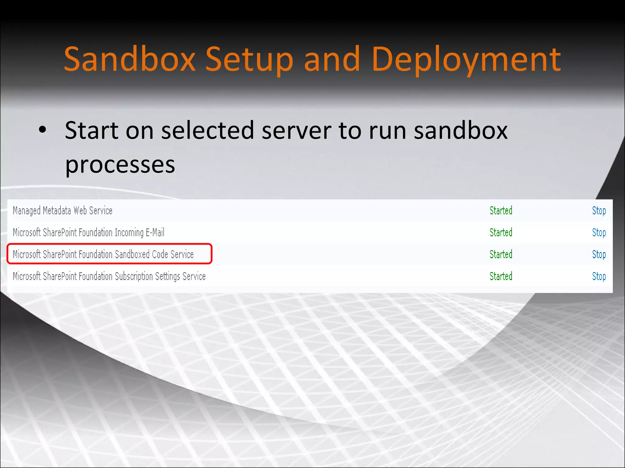 Sandbox Setup and Deployment Start on selected server to run sandbox processes 