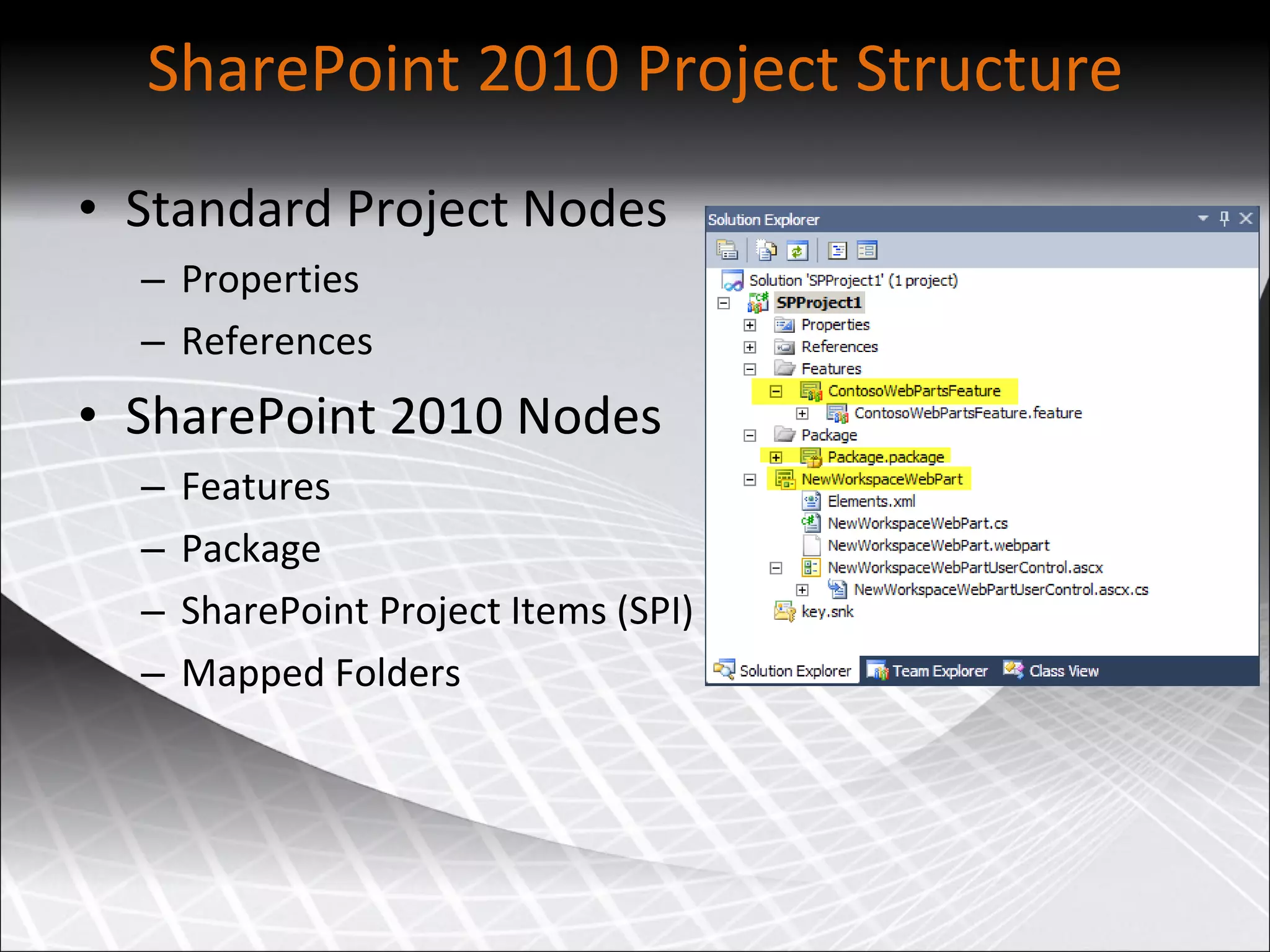 SharePoint 2010 Project Structure Standard Project Nodes Properties References SharePoint 2010 Nodes Features Package SharePoint Project Items (SPI) Mapped Folders 