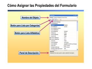 Cómo Asignar las Propiedades del Formulario


              Nombre del Objeto


  Botón para Lista por Categorías


      Botón para Lista Alfabética




           Panel de Descripción
 