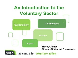 An Introduction to the
  Voluntary Sector
                          Collaboration
Sustainability



                     Quality


            Impact
                       Tracey O’Brien
                       Director of Policy and Programmes
 