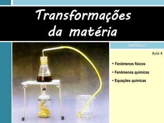 Transformações
  da matéria
                    CAPÍTULO 3

                                  Aula 4

            Fenômenos físicos
            Fenômenos químicos

            Equações químicas
 