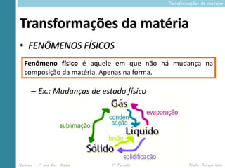 Transformações da matéria




Transformações da matéria
• FENÔMENOS FÍSICOS
  Fenômeno físico é aquele em que não há mudança na
  composição da matéria. Apenas na forma.

      – Ex.: Mudanças de estado físico




Química – 1º ano Ens. Médio   1º Período            Profa. Rebeca Vale
 