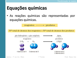 Transformações da matéria




Equações químicas
• As reações químicas são representadas por
  equações químicas.




Química – 1º ano Ens. Médio   1º Período            Profa. Rebeca Vale
 