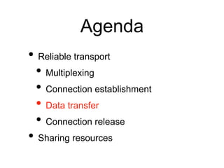 Agenda 
• Reliable transport 
• Multiplexing 
• Connection establishment 
• Data transfer 
• Connection release 
• Sharing resources 
 