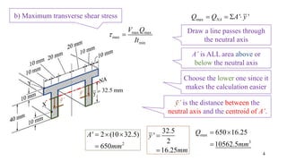 32.5 mm
4
Draw a line passes through
the neutral axis
Choose the lower one since it
makes the calculation easier
max ' 'NAQ Q A y   
A’ is ALL area above or
below the neutral axis
ӯ’ is the distance between the
neutral axis and the centroid of A’.
2
' 2 (10 32.5)
650
A
mm
  

32.5
'
2
16.25
y
mm


max
3
650 16.25
10562.5
Q
mm
 

ӯ’
ӯ’
b) Maximum transverse shear stress
max max
max
min
V Q
It
 
 