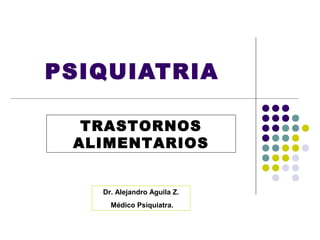 PSIQUIATRIA

  TRASTORNOS
 ALIMENTARIOS


   Dr. Alejandro Aguila Z.
     Médico Psiquiatra.
 