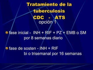Tratamiento de la tuberculosis CDC  -  ATS opción 1  fase inicial -  INH + RIF + PZ + EMB o SM por 8 semanas diario fase de sosten - INH + RIF  bi o trisemanal por 16 semanas  