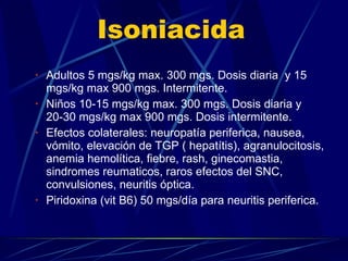 Isoniacida Adultos 5 mgs/kg max. 300 mgs. Dosis diaria  y 15 mgs/kg max 900 mgs. Intermitente. Niños 10-15 mgs/kg max. 300 mgs. Dosis diaria y 20-30 mgs/kg max 900 mgs. Dosis intermitente. Efectos colaterales: neuropatía periferica, nausea, vómito, elevación de TGP ( hepatítis), agranulocitosis, anemia hemolítica, fiebre, rash, ginecomastia, sindromes reumaticos, raros efectos del SNC, convulsiones, neuritis óptica. Piridoxina (vit B6) 50 mgs/día para neuritis periferica. 
