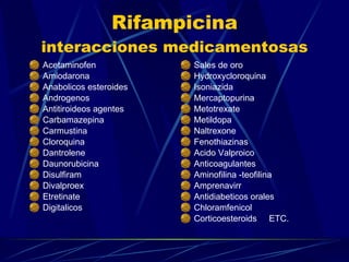 Rifampicina interacciones medicamentosas Acetamino f en  Amiodaron a   Anabolic os   e steroid e s  Androgen o s  Antit i roid eos  agent e s  Carbamazepin a   Carmustin a   Cloroquin a   Dantrolene  Daunorubici na   Disulfiram  Divalproex  Etretinate  Digitalicos Sales de oro   Hydroxycloroquin a   Isoniazid a   Mercaptopurin a   Metotrexate  Met i ldopa  Naltrexone  F enothiazin a s Acido  Valproic o   Anticoagulant e s  Amino fi lin a   -teofilina   Amprenavirr  Antidiabetic o s oral es   Chloram f enicol  Cortico e steroids  ETC. 