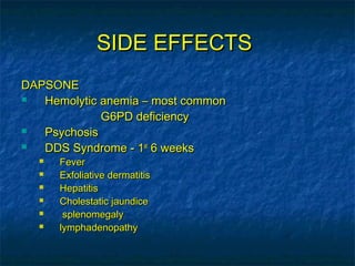 SIDE EFFECTS
DAPSONE
  Hemolytic anemia – most common
             G6PD deficiency
  Psychosis
  DDS Syndrome - 1st 6 weeks
     Fever
     Exfoliative dermatitis
     Hepatitis
     Cholestatic jaundice
      splenomegaly
     lymphadenopathy
 