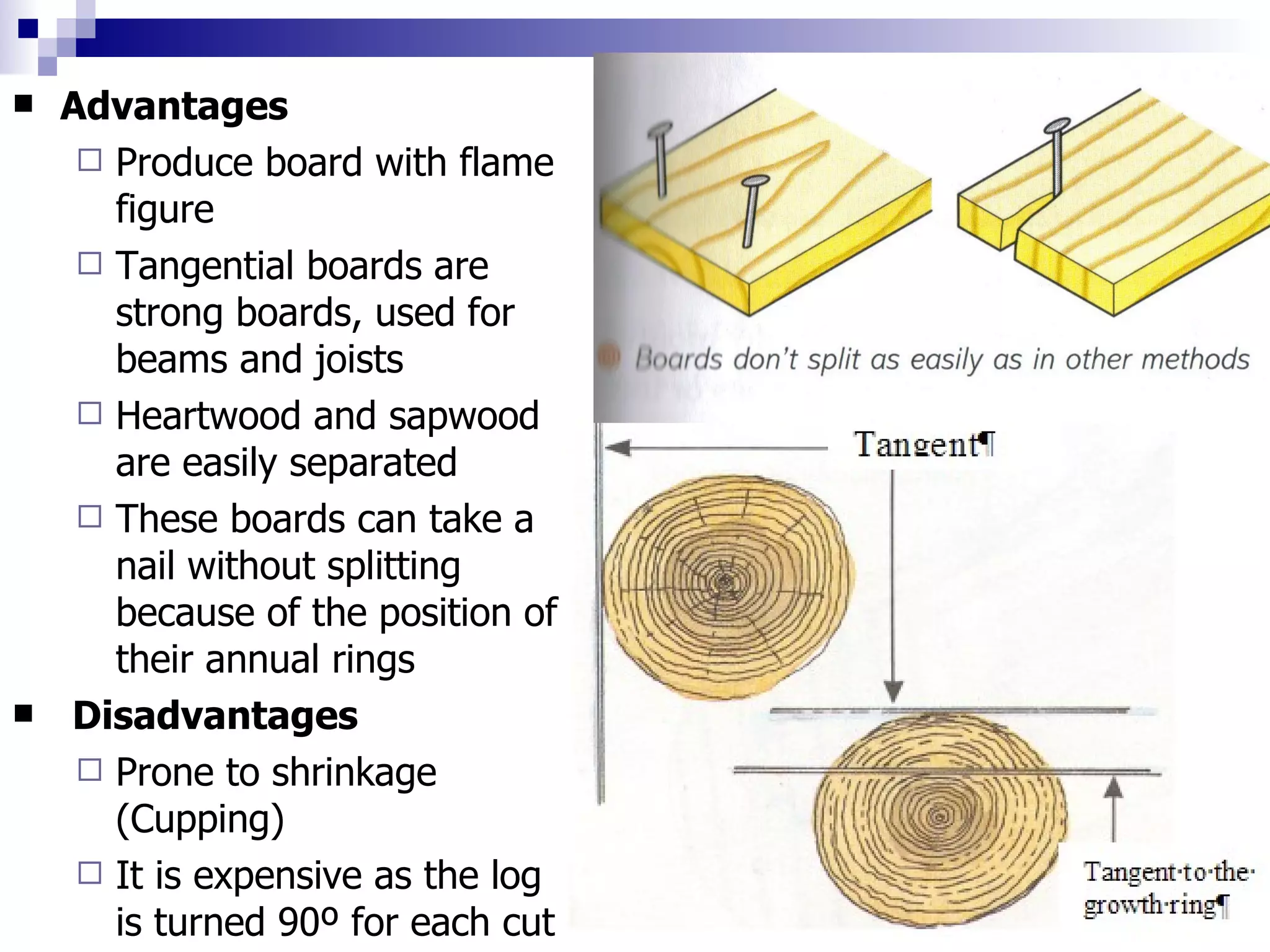 Advantages Produce board with flame figure Tangential boards are strong boards, used for beams and joists Heartwood and sapwood are easily separated These boards can take a nail without splitting because of the position of their annual rings Disadvantages Prone to shrinkage (Cupping) It is expensive as the log is turned 90 º   for each cut 