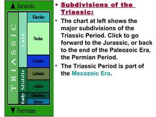 • Subdivisions of the
Triassic:
• The chart at left shows the
major subdivisions of the
Triassic Period. Click to go
forward to the Jurassic, or back
to the end of the Paleozoic Era,
the Permian Period.
• The Triassic Period is part of
the Mesozoic Era. 
 